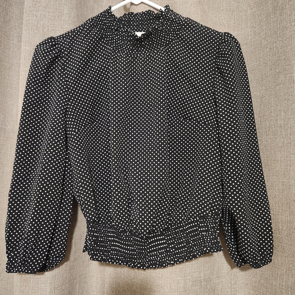 Monteau Black Blouse with White Polka Dots and Ruffle Neck